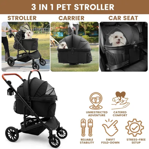 Vista 2 de Bicystar Cochecito para perros con transportador desmontable, ruedas de Negro