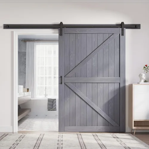Vista 23 de FREDBECK Puertas dobles grises de 24 x 84 pulgadas, puerta de granero de 48 pulgadas con kit de herrajes para puerta de granero de 8 pies incluido
