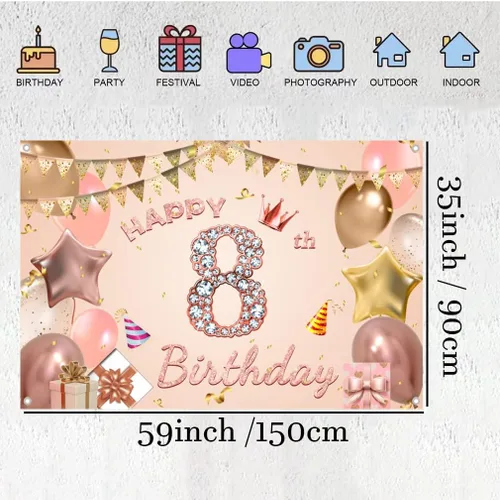 Vista 2 de Cartel de tela para decoración de cumpleaños número 8 para niñas de 8 años, cartel de tela para fiesta de cumpleaños de niña, fondo de foto rosa