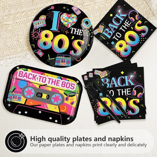 Vista 3 de 96 piezas de decoraciones de fiesta de los años 80, platos temáticos y servilletas de los 80, juegos de vajilla retro coloridas de hip hop