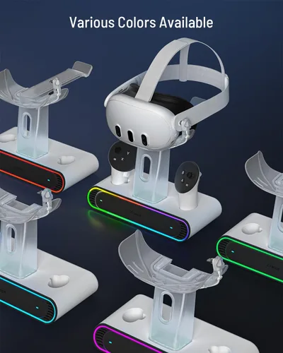Vista 6 de ZYBER Base de carga RGB para Meta Quest 3, estación de carga rápida con 2 baterías recargables para accesorios Oculus Quest 3, soporte