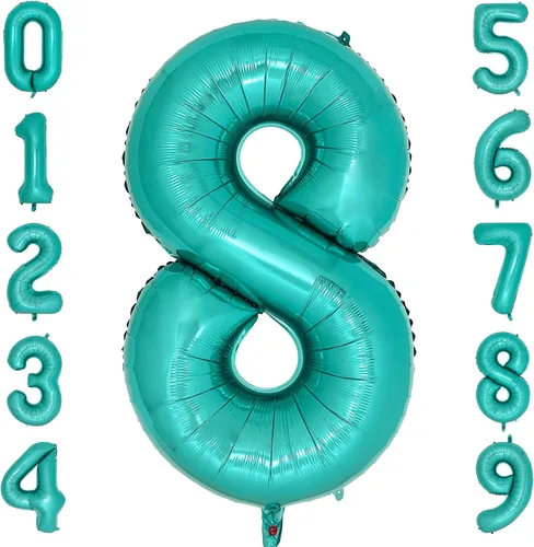 Vista 12 de Globos de color verde azulado con el número 0 de 40 pulgadas, globos grandes de papel de aluminio azul turquesa para mujer, decoraciones