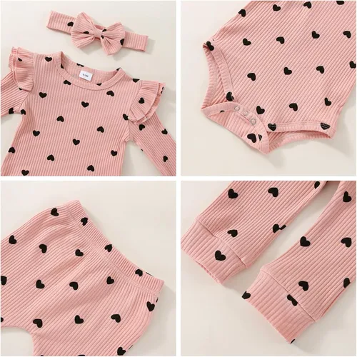 Vista 5 de Ropa para bebé recién nacida, para otoño e invierno, acanalada, con volantes, manga larga, conjunto de 3 piezas, 0 a 18 meses