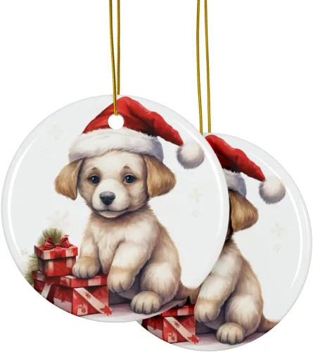 Vista 2 de DistinctInk Adorno colgante de cerámica para árbol de Navidad con cuerda dorada, gran regalo/regalo, 2 3/4 pulgadas de diámetro, diseño de dibujo