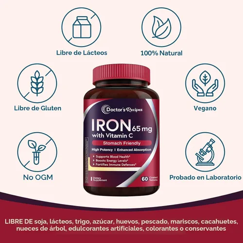 Vista 4 de Doctor's Recipes Suplemento de hierro de 65 mg con vitamina C – Absorción maximizada y píldoras de hierro amigables con el estómago