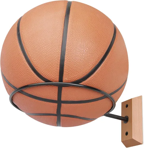 Vista 23 de Soporte de pared para baloncesto VIVTOB, soporte de pared para pelota de 7 pulgadas con base de madera maciza de nogal negro y anillo de metal