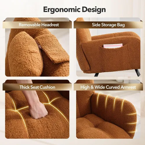 Vista 6 de Takywep Teddy - Mecedora tapizada para guardería con respaldo de ala, balancín de respaldo alto con bolsillo lateral, cómodo sillón decorativo
