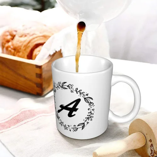Vista 6 de Taza de café personalizada con inicial/nombre con letra de doble cara, divertidas y lindas tazas de café personalizadas, tazas de café de cerámica