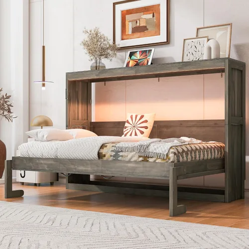 Vista 28 de Cama Murphy de tamaño matrimonial con estación de carga, marco de cama de pared de madera que ahorra espacio se puede plegar, armario de cama cubo