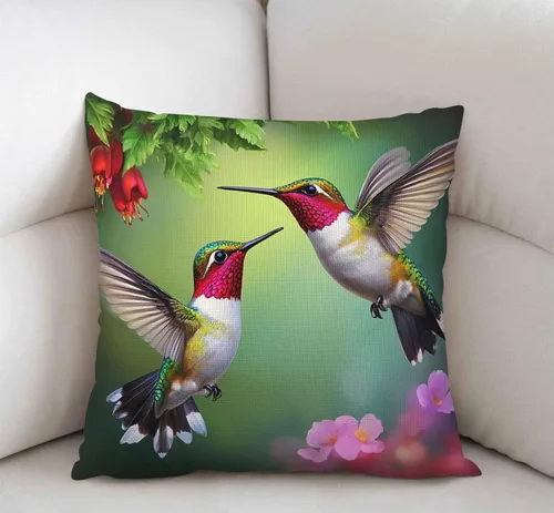 Vista 2 de Swono Funda de almohada de lino y algodón con diseño de flores de colibrí para sofá, cama, 18 x 18 pulgadas