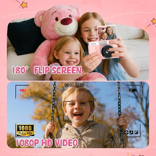 Vista 3 de Cámara Digital para Niños FHD 1080P Cámara Digital para Niños con Tarjeta de 32GB, Pantalla Abatible de 2'' 180° con Soporte para Selfie Vlog Cam