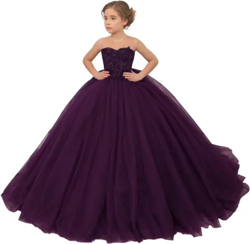 Vista 19 de Precioso vestido de niña de flores de tul para niños de boda con cuentas princesa sin mangas vestidos de baile