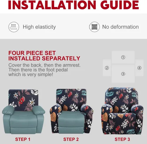 Vista 2 de Juego de 4 fundas para sillón reclinable de alta elasticidad, funda suave para sofá de 1 asiento, funda estampada para silla reclinable con bolsillo