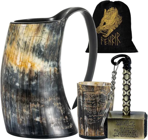 Vista 9 de FENRIR Cuerno vikingo para beber con taza de café y cuchara con plato Cuerno de buey auténtico nórdico Grado alimenticio medieval Bebidas