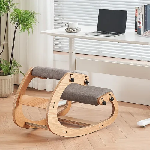 Vista 8 de Silla ergonómica, mecedora ajustable para oficina en casa, silla de rodilla de madera para aliviar el dolor de espalda, color beige