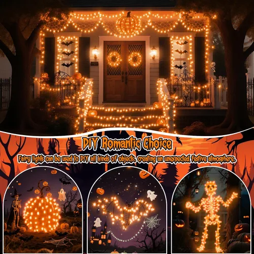 Vista 5 de Guirnalda de luces naranjas de Halloween, funciona con pilas, 7.2 pies, 20 luces LED, alambre de cobre plateado para Halloween, Navidad, decoración