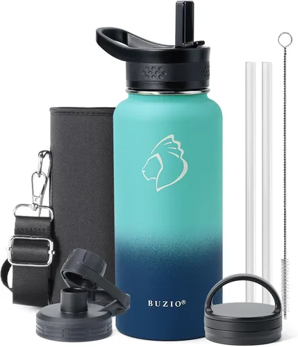 Vista 11 de BUZIO Botella de agua de 32 onzas aislada con popote y 3 tapas y bolsa de transporte, a prueba de fugas, frasco jarra de agua de acero inoxidable