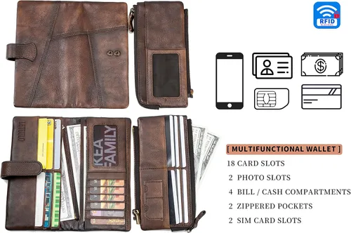 Vista 6 de Cartera de cuero vintage de gran capacidad para mujer, embrague para tarjetas de crédito, Dcoffee, Vintage