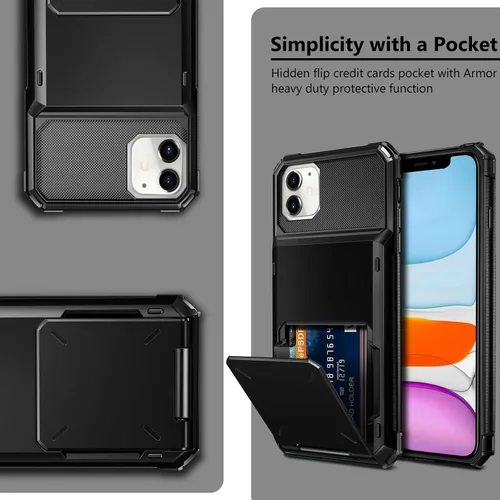 Vista 6 de Vofolen Funda protectora para iPhone 11, 4 tarjetas, ranura para identificación, puerta abatible, bolsillo oculto, antiarañazos, doble capa