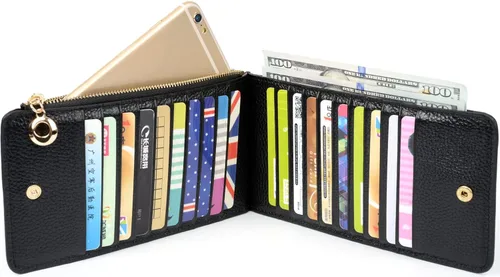 Vista 3 de Yaluxe- Cartera para mujer con bloqueo RFID, de cuero genuino, multiorganizador de tarjetas con bolsillo con zíper