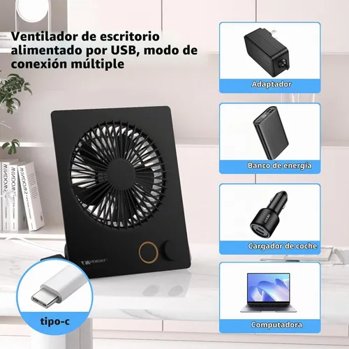 Vista 7 de Ventilador de escritorio pequeño, ventilador de mesa USB VEMONT con batería recargable de 5000 mAh, ventilador portátil personal plegable de 180°