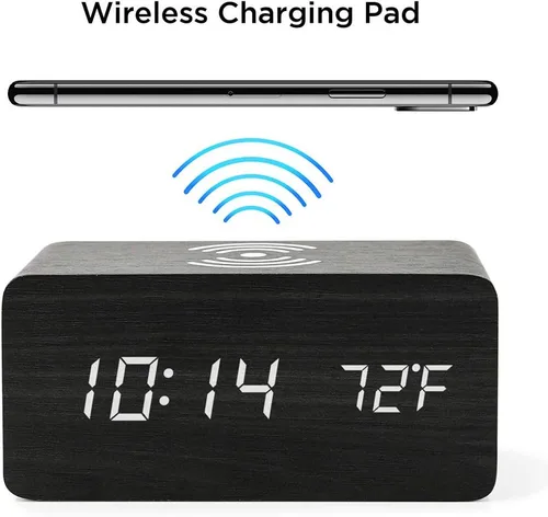 Vista 2 de OCT17 Reloj despertador con almohadilla de carga inalámbrica Qi compatible con iPhone Samsung, reloj digital LED de madera, función de control