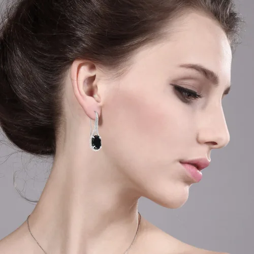 Vista 3 de Gem Stone King Aretes colgantes de plata de ley 925 con zafiro negro para mujer