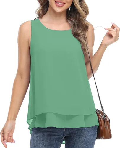 Vista 2 de Timeson - Camiseta de gasa sin mangas, blusa casual de doble capa para mujer