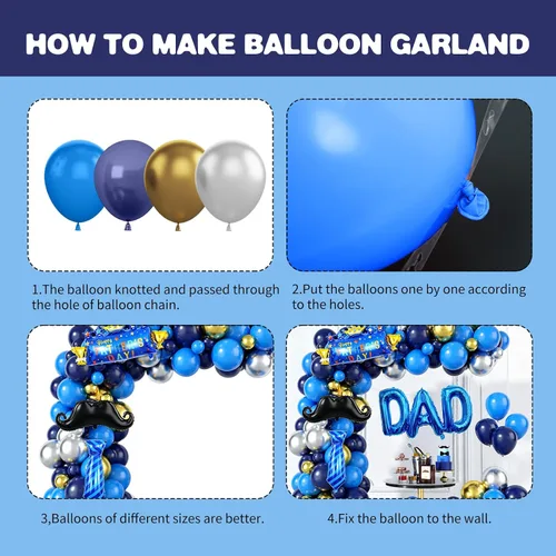 Vista 6 de Decoración del día del padre, arco de globos azul marino para el día del padre, kit de guirnalda de globos azules y dorados con corbata para barba