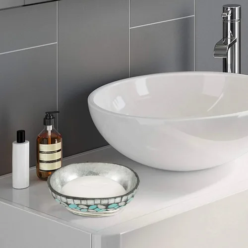 Vista 5 de nu steel Jabonera de espuma marina en azul aguamarina/mosaico de vidrio plateado/acero inoxidable para baños y espacios de tocador
