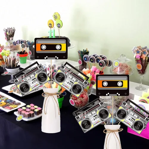 Vista 8 de Palos de centro de mesa Boombox de los años 90, decoraciones de fiesta temática de los años 90, 12 piezas de cinta de casete de radio Boombox