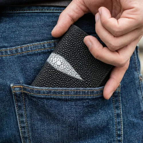 Vista 3 de Cartera hecha a mano de cuero de 9 tarjetas de piel auténtica de Stingray, Negro