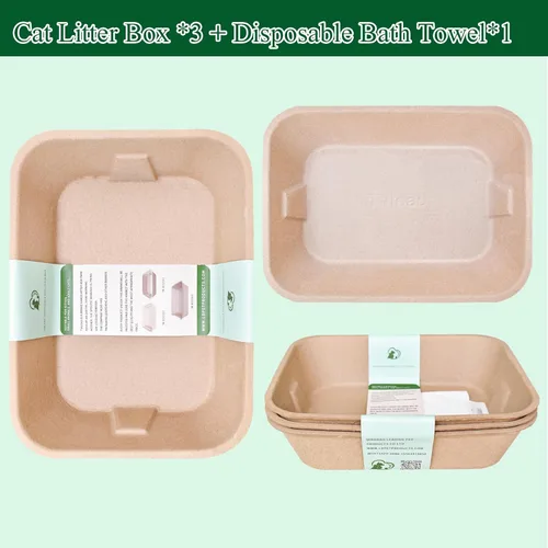 Vista 2 de Caja de arena desechable para gatos (3 paquetes con 1 toalla) Bandeja ecológica de papel 100% reciclado para gatos, 16.14 x 11.81 x 3.94 pulgadas