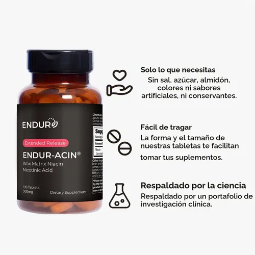 Vista 5 de ENDUR-ACIN® Niacina de liberación prolongada 500 mg, ácido nicotínico, 100
