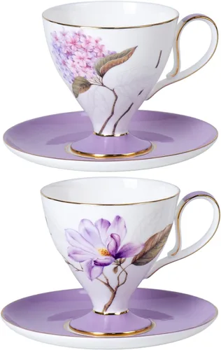 Vista 25 de KAMMAK Juego de 2 tazas de café de cerámica, tazas de café de porcelana con platillos, 6.52 onzas hechas a mano, elegante taza de té de porcelana
