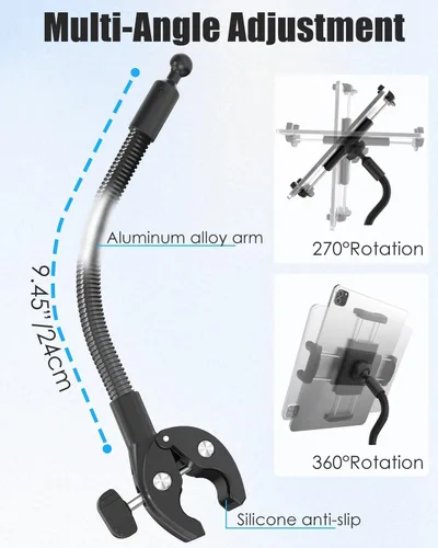 Vista 3 de Soporte para tablet para brazo de silla de ruedas [versión profesional] brazo largo cuello de cisne eléctrico silla de ruedas abrazadera de montaje