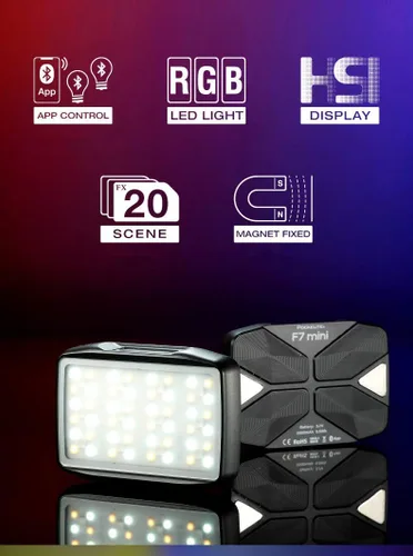 Vista 2 de Falcon Eyes F7 Mini 5W RGB Pocket On Camera Light con función de adsorción magnética, batería recargable incorporada, control de aplicación