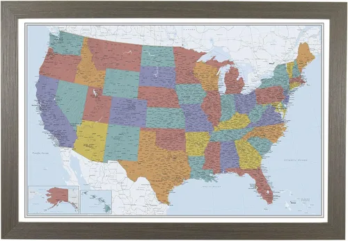Vista 8 de Push Pin Travel Maps Lienzo personalizado Blue Oceans USA con marco gris de madera de granero