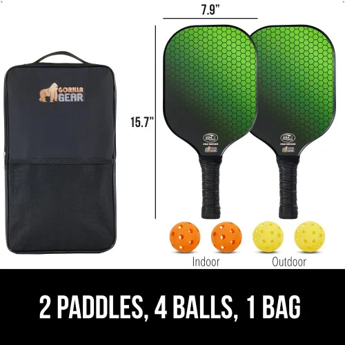 Vista 4 de Gorilla Gear USAPA Approved Pickleball Starter Set, Fiberglass Paddles with Bag and Balls, Indoor Outdoor Court Use, Comfortable Racket Grip