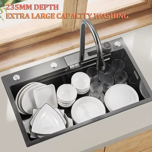 Vista 3 de Fregadero de cascada volador con pantalla digital, fregadero de cocina, fregadero de barra de acero inoxidable 304, con lavabos de copa, instalación