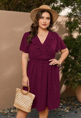 Vista 5 de ShopWonder Vestido de lunares suizos para mujer, talla grande, con botones, cuello en V, manga corta, lindo vestido bohemio fruncido con bolsillos