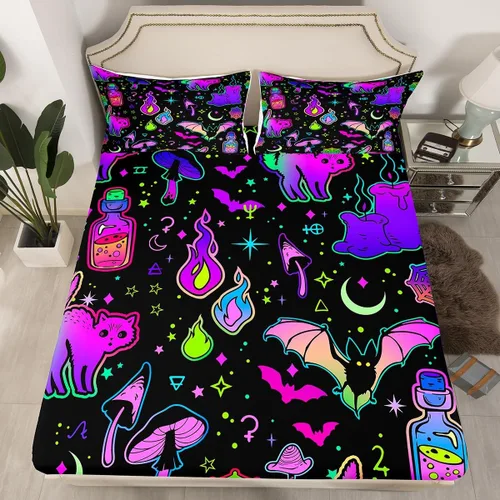 Vista 3 de Feelyou Juego de sábanas bajeras de Halloween tamaño individual, juego de sábanas decorativas de Halloween para niños y adultos (sin sábana encimera)