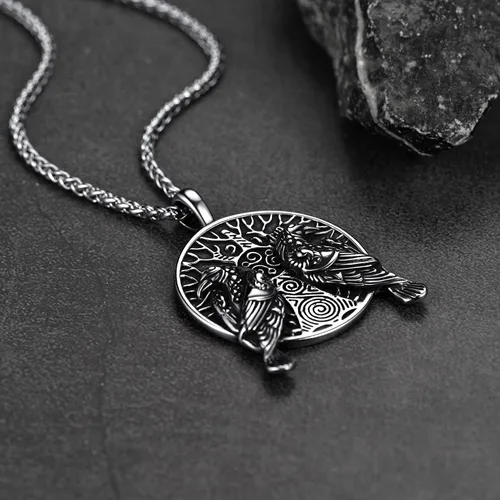 Vista 9 de FaithHeart Collar de cuervo vikingo nórdico para hombres y mujeres, joyería de cuervo celta vintage, se puede grabar, Acero inoxidable, Circonia