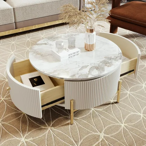 Vista 5 de Mesa de café redonda, mesa de café moderna de 31.5" con 2 cajones grandes de almacenamiento, tapa de mesa con patrón de mármol, mesa central
