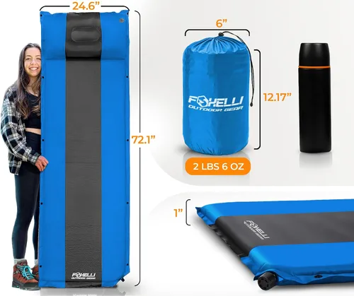 Vista 3 de Foxelli Almohadilla de dormir autoinflable para campamento, mochileros, senderismo, espuma aislada, ligera, colchón inflable de campamento