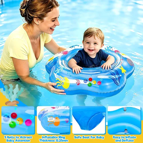 Vista 3 de 25.6" Inflatable Baby Pool Float for 6-36 Months Double Air Anti-Flip Safety Baby Swimming Float Toddler Swim Trainer Water Toys, Infant Swim