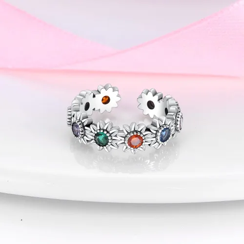 Vista 4 de Anillo de plata de ley 925 con extremo abierto, tallado, colorido, circonita, flor y pluma, anillo ajustable de plata esterlina