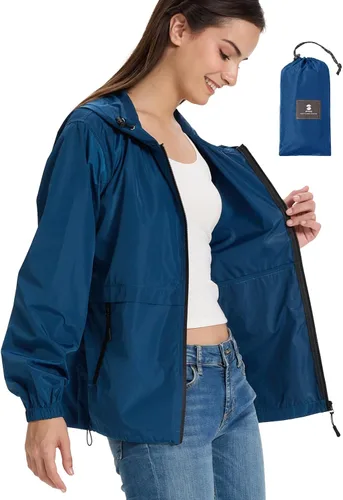 Vista 9 de Chaqueta ligera de lluvia para mujer, impermeable y transpirable, chaqueta con capucha plegable, cortavientos con capucha Beige