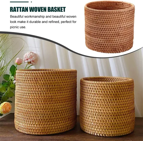 Vista 3 de Mikikit Cesta tejida de ratán extra redonda para almacenamiento de frutas, organizador de acabado de escritorio, diseño rústico natural