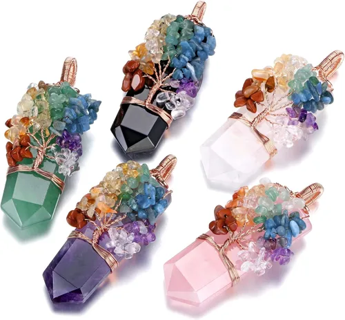 Vista 6 de Collar con colgante de árbol de la vida de 7 chakras naturales de cristal curativo de reiki, joyería para mujer para buena suerte, meditación